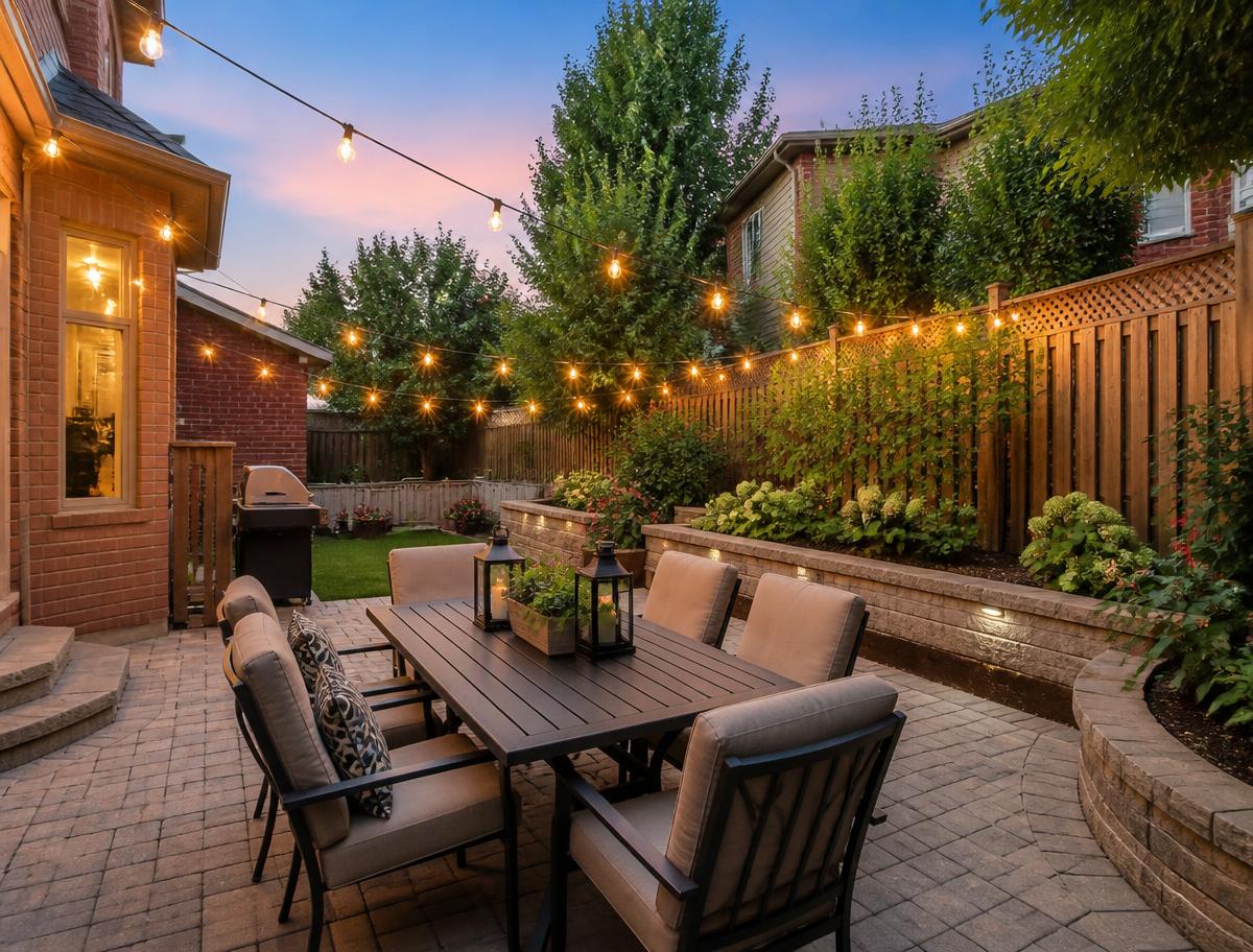 Backyard interlocking patio with dining area