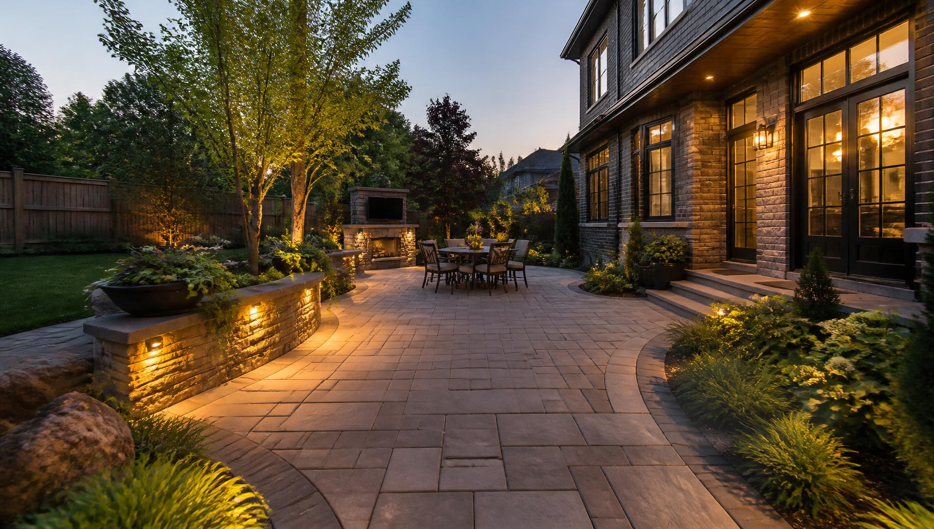 Luxury stone patio with outdoor lighting